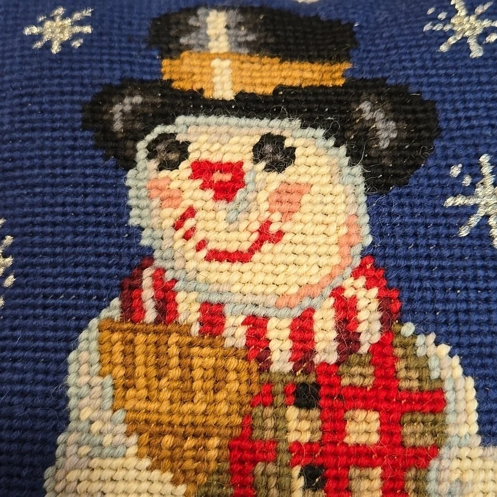 VTG CHRISTOPHER RADKO CROSS-STITCH/NEEDLEPOINT MINI SNOWMAN PILLOW.
